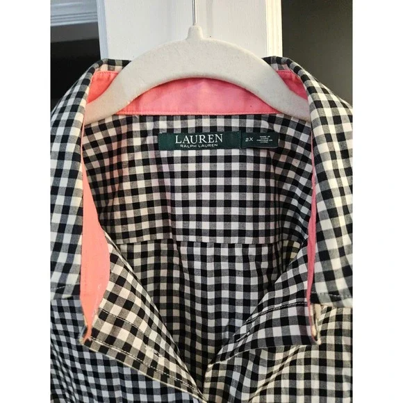 Lauren Ralph Lauren Womens 2X Gingham Button Down Shirt Black White Pink Trim - Picture 3 of 6